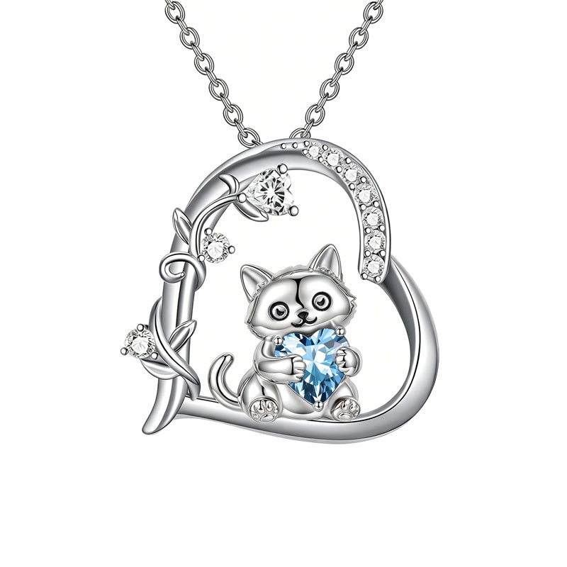 Sterling Silver Birthstone  Cat Pendant Necklace for Women