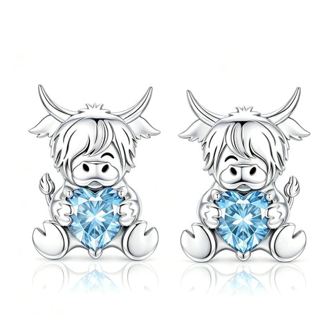 Sterling Silver 12 Month Birthstone Highland Cow Stud Earrings Christmas Gift