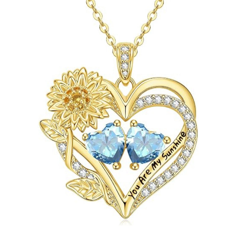 14K Gold  Plated Double Birthstone Heart Sunflower Necklace for Women