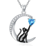 Sterling Silver Heart Birthstone Cat Pendant Necklace