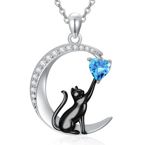 Sterling Silver Heart Birthstone Cat Pendant Necklace