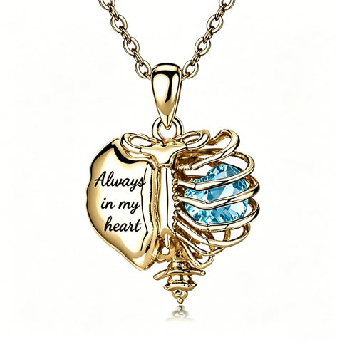 14K Gold Plated  Heart Birthstone Skeleton Necklace With Engraved