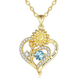 Sterling Sliver Birthstone Love Heart & Sunflower Pendant Necklace Engraved With You Are My Sunshine