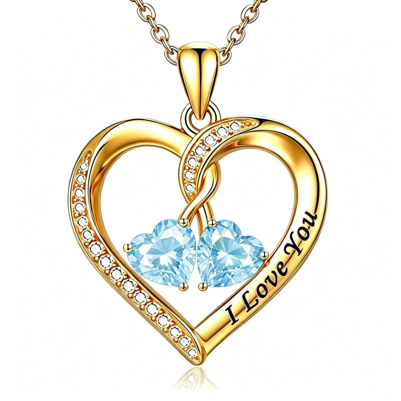 14K Gold Plated Double Heart Birthstone Rose Pendant Necklace for Women
