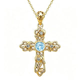 14K Gold Plated Round Cubic Zirconia Filigree Rose Cross Necklace for Women