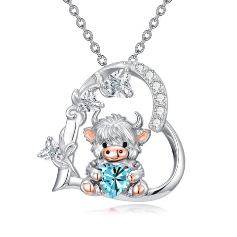 Sterling Silver Highland Cow Pendant Necklace Birthstone Necklace Gift for Women