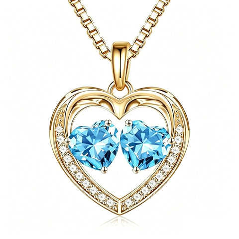 14K Gold Plated Double Heart Birthstone Necklace Anniversary Birthday Gifts for Women