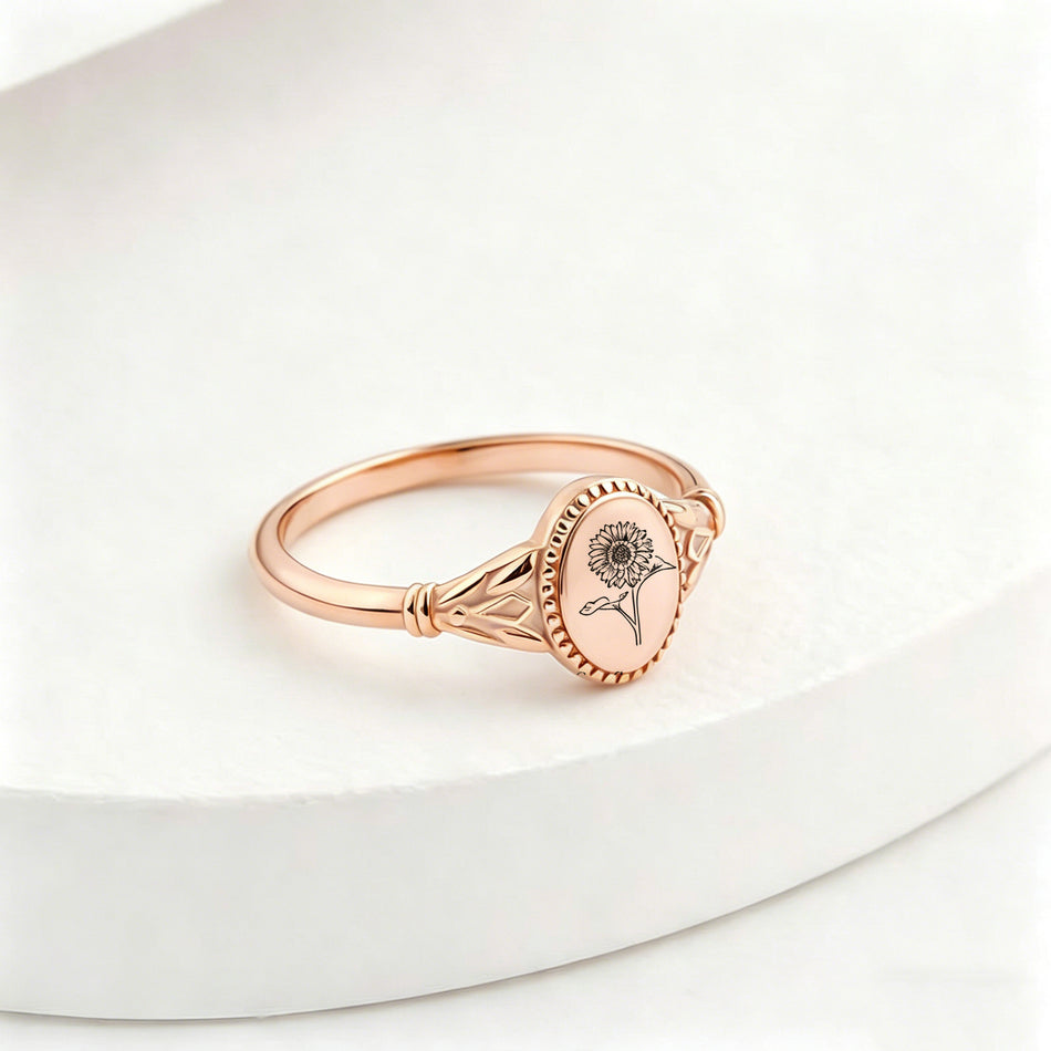 925 Sterling Silver Birth Flower Ring Vintage Flower Signet Ring Mother's Day Gift