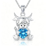 Sterling Silver Birthstone Highland Cow Pendant Necklace Birthday Christmas Gift