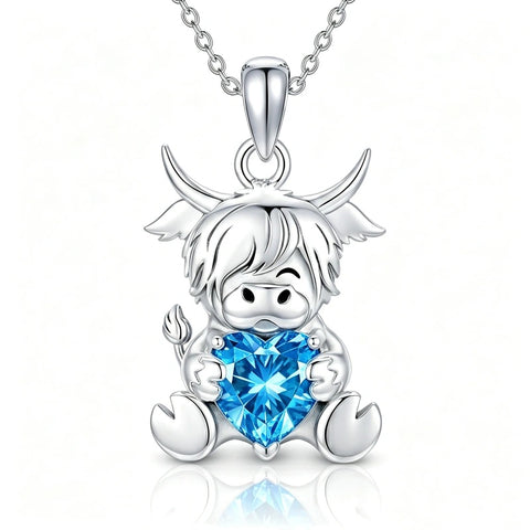 Sterling Silver Birthstone Highland Cow Pendant Necklace Birthday Christmas Gift