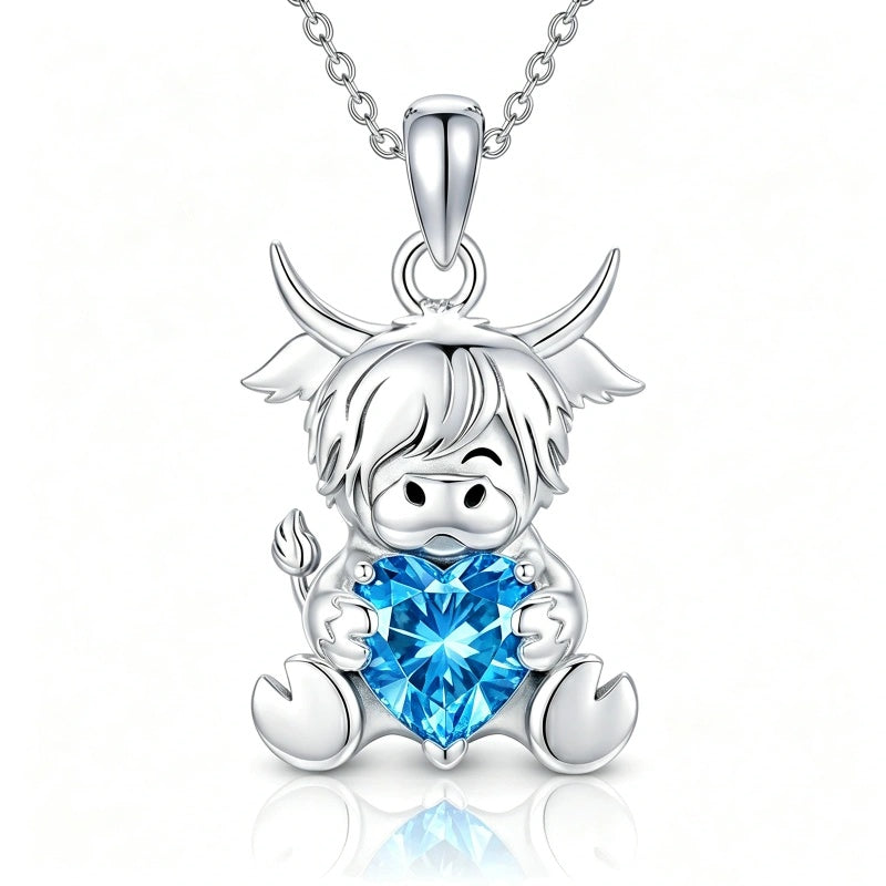 Sterling Silver Birthstone Highland Cow Pendant Necklace Birthday Christmas Gift