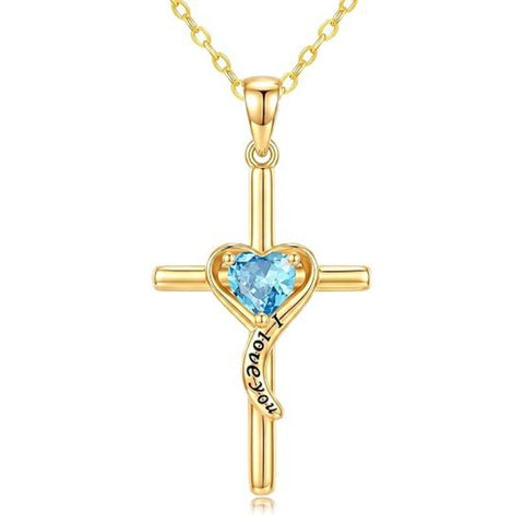 14K Gold Plated Dainty Heart Birthstone Pendant Cross Necklace for Women Religious Gift