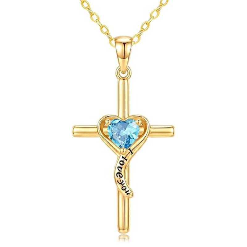 14K Gold Plated Dainty Heart Birthstone Pendant Cross Necklace for Women Religious Gift