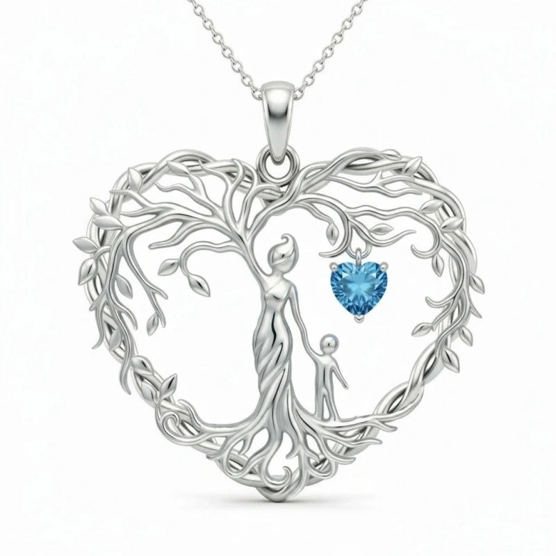 Sterling Silver Heart Pendant Birthstone Tree of Life Mother Child Family Necklace