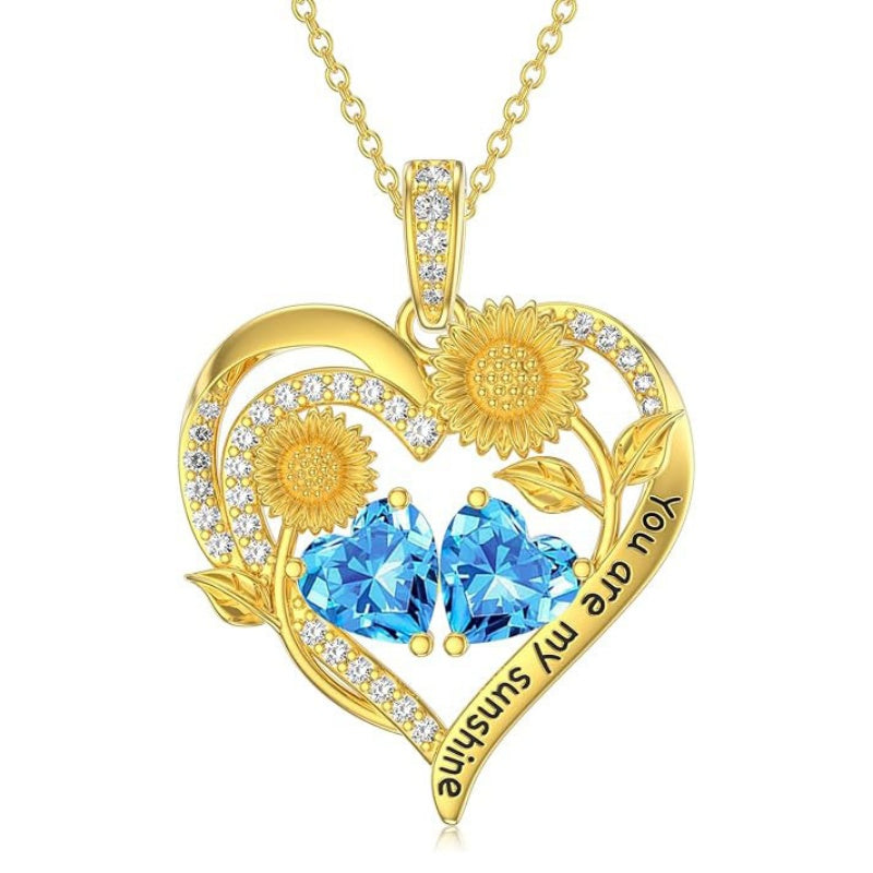 Double Birthstone Necklace 14K Gold Plated You Are My Sunshine Sunflower Necklace Heart Pendant Necklace