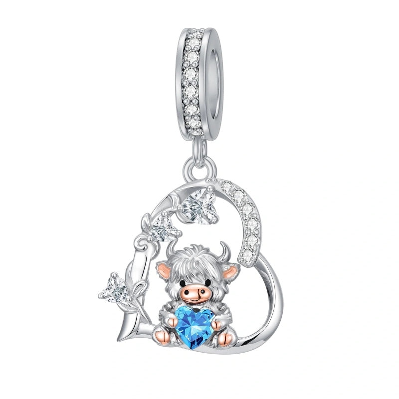 Sterling Silver 12 Month Birthstone Highland Cow Charm Beads