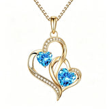 14K Gold Plated Double Heart Birthstone Necklace Anniversary Birthday Gifts