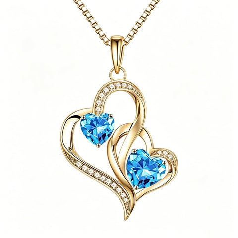 14K Gold Plated Double Heart Birthstone Necklace Anniversary Birthday Gifts