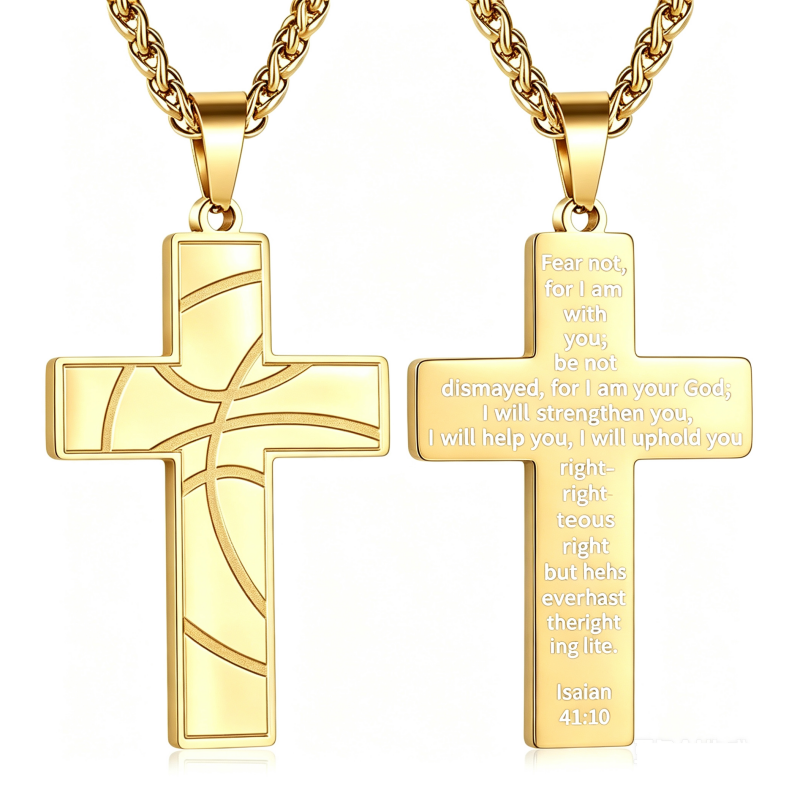 14K Gold Plated Bible Verse Basketball Cross Pendant Necklace for Men