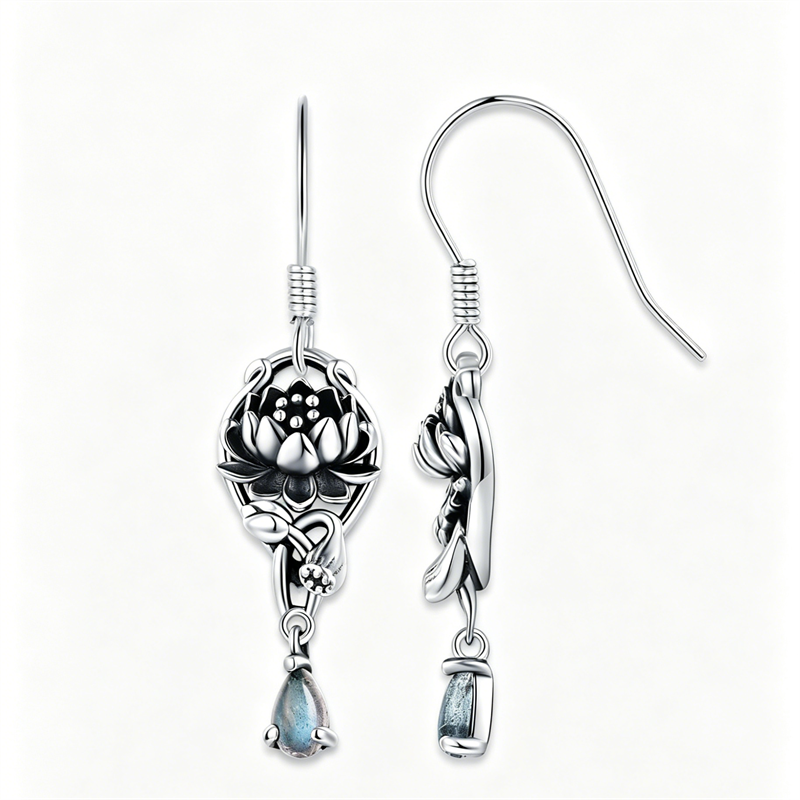 Sterling Silver Vintage Moonstone Turquoise Lotus Tree of Life Hummingbird Butterfly Drop Earrings