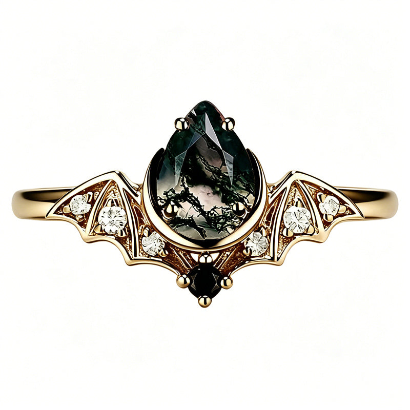 Sterling Silver 10K 14K  18K Gold Personalized Engraved Moss Agate Gothic Promise Wedding Engagement Black Ring Set