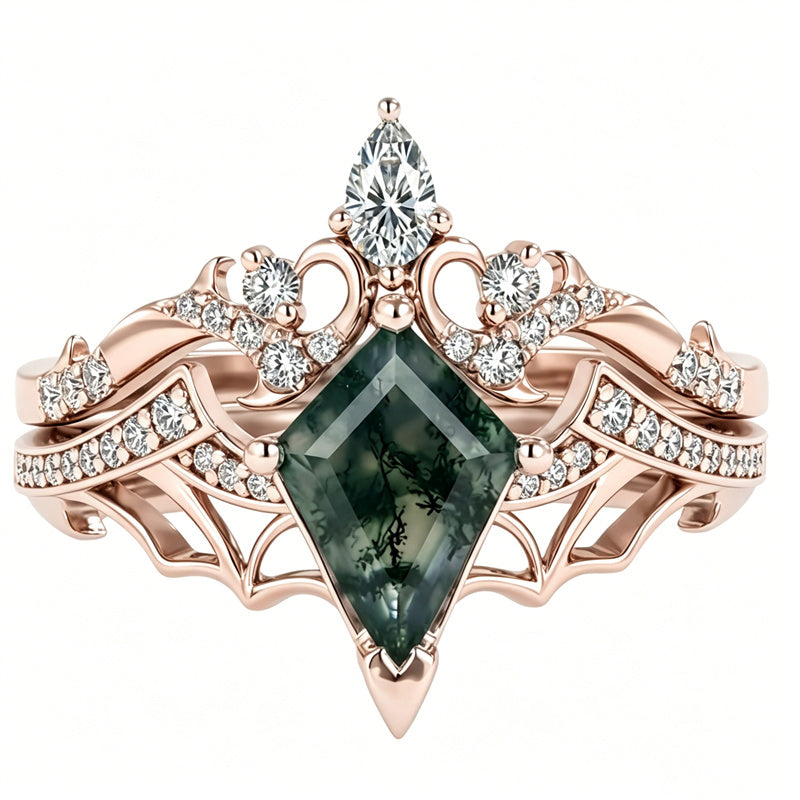 Sterling Silver 10K 14K  18K Gold Personalized Engraved Moss Agate Gothic Promise Wedding Engagement Black Ring Set