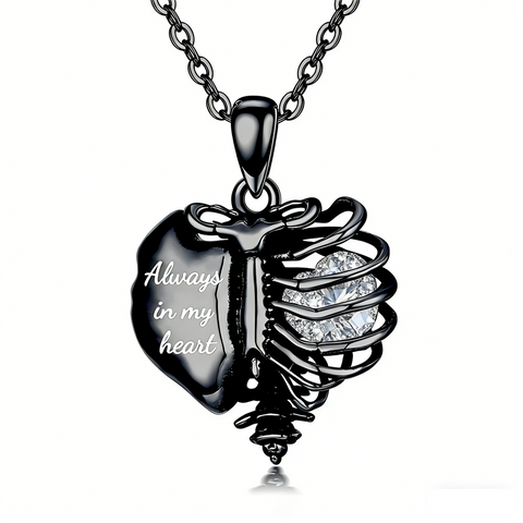 Sterling Silver Black Heart Skeleton Necklace With Engraved
