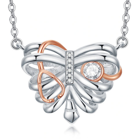 Sterling Silver Heart Rib Cage&Doctor Nurse  Stethoscope Medicine Themed Pendant Necklace