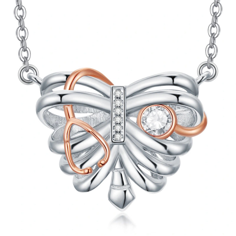 Sterling Silver Heart Rib Cage&Doctor Nurse  Stethoscope Medicine Themed Pendant Necklace
