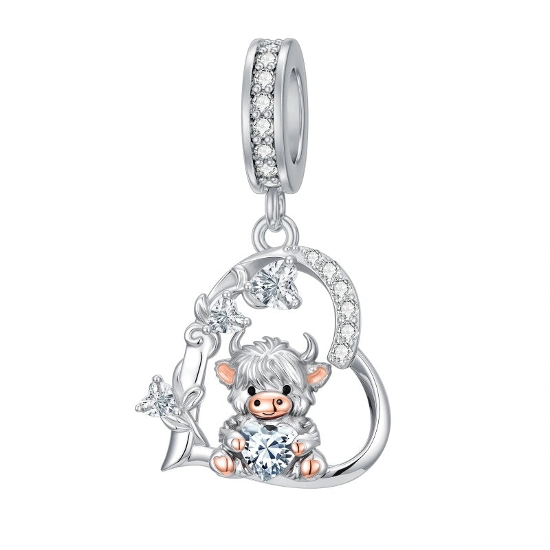 Sterling Silver 12 Month Birthstone Highland Cow Charm Beads