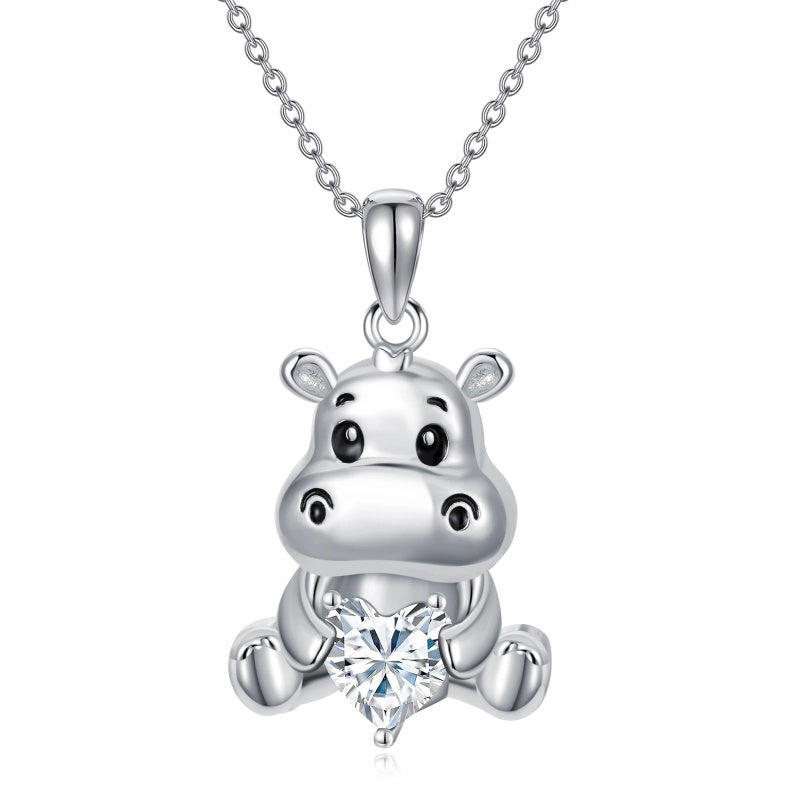Sterling Silver Birthstone Hippo Pendant Necklace Birthday Christmas Gift