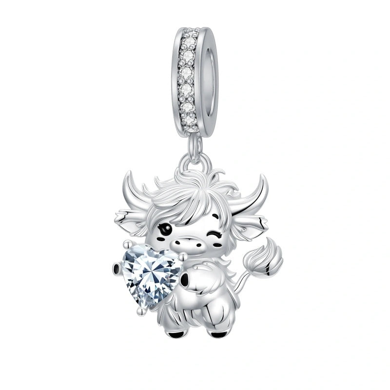 Sterling Silver 12 Month Birthstone Highland Cow Charm Beads