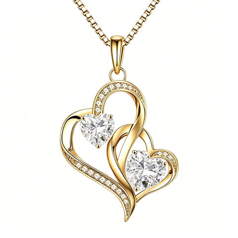 14K Gold Plated Double Heart Birthstone Necklace Anniversary Birthday Gifts