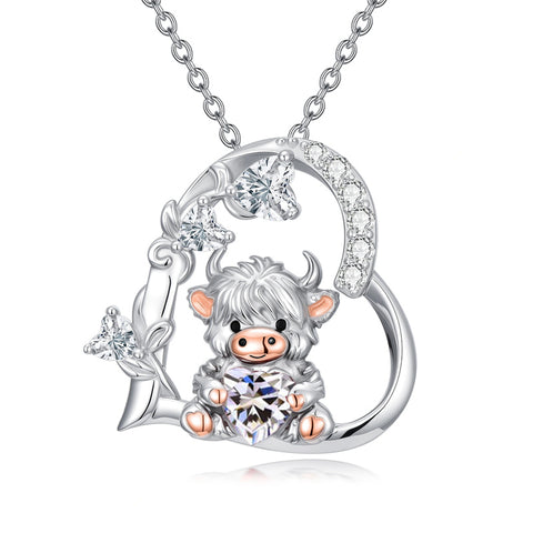Sterling Silver Highland Cow Pendant Necklace Birthstone Necklace Gift for Women