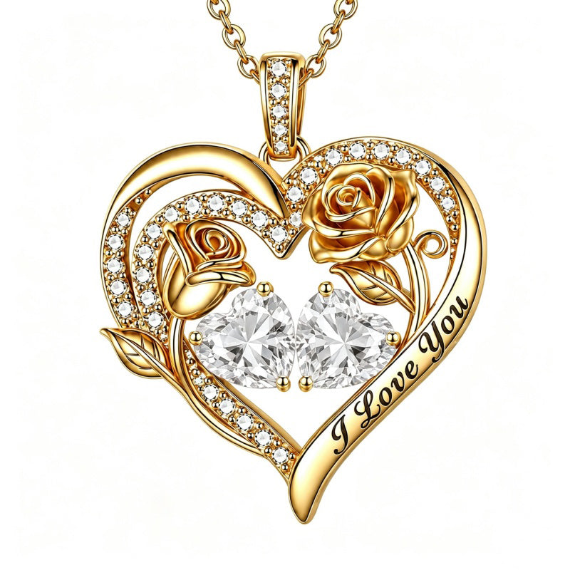 14K Gold Plated Double Heart Birthstone Rose Pendant Necklace for Women