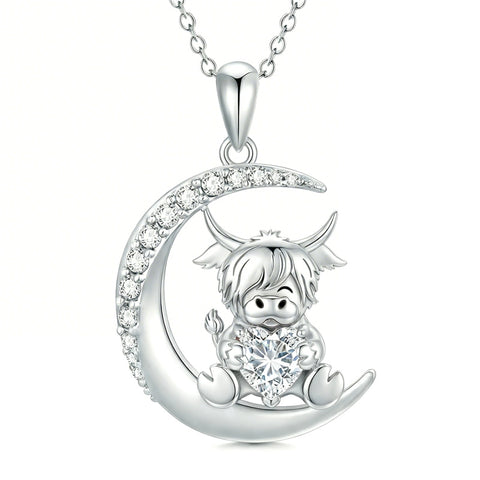 Sterling Silver Round Heart Birthstone Highland Cow Pendant Necklace Fluffy Cow Jewelry Gifts Birthday Christmas