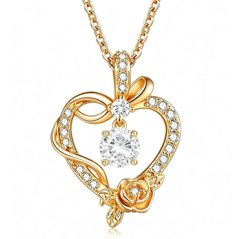 14K Gold Plated Round Birthstone Rose Flower Pendant Necklace for Women
