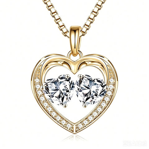 14K Gold Plated Double Heart Birthstone Necklace Anniversary Birthday Gifts for Women