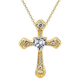14K Gold Plated Heart Cut Cubic Zirconia Cross  Pendant Necklace For Women Religious Faith Jewelry