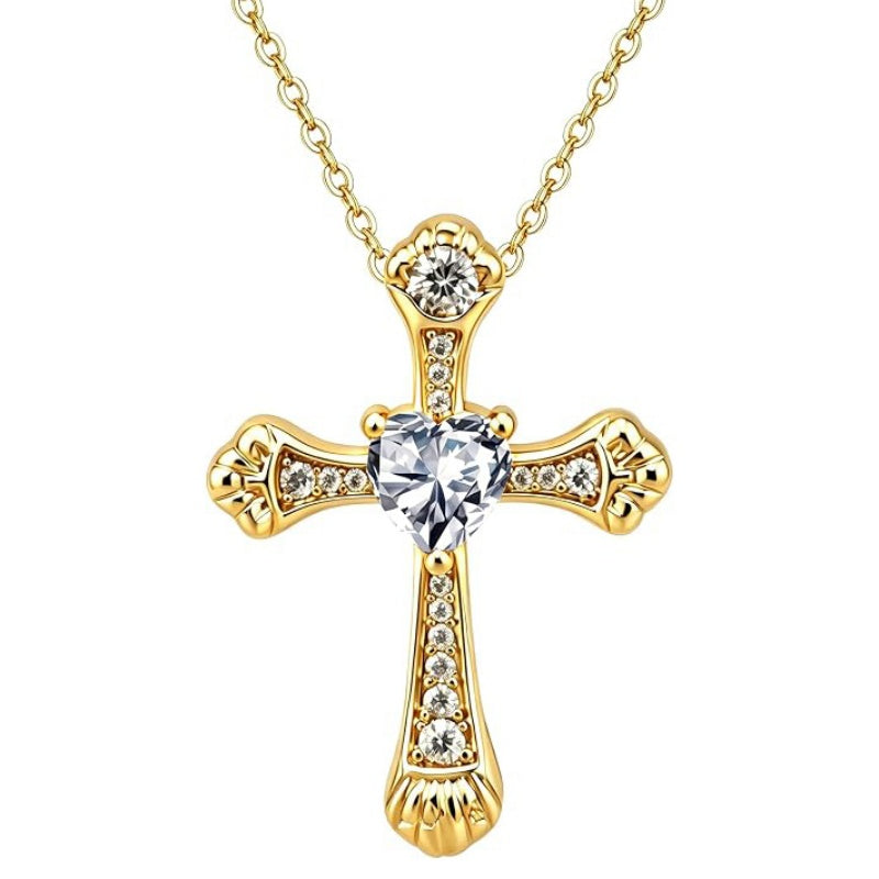14K Gold Plated Heart Cut Cubic Zirconia Cross  Pendant Necklace For Women Religious Faith Jewelry