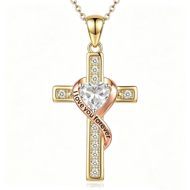 14K Gold Plated  Birthstone Cross Necklace Engraved I Love You Forever