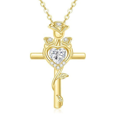 14K Gold Plated Birthstone Rose Cross Necklace for Women Faith Jewelry Gift