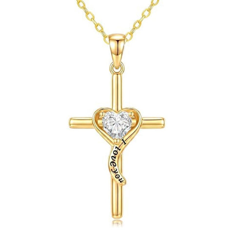 14K Gold Plated Dainty Heart Birthstone Pendant Cross Necklace for Women Religious Gift