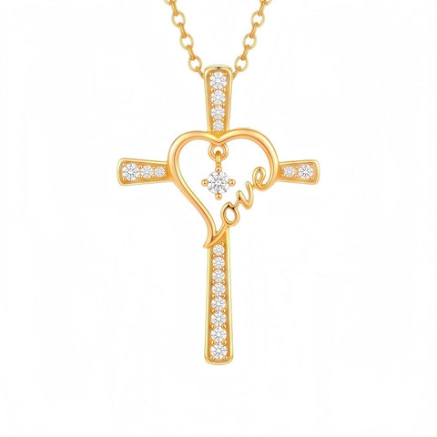 14K Gold Plated  Birthstone  LOVE Heart Cross Necklace for Women Faith Jewelry