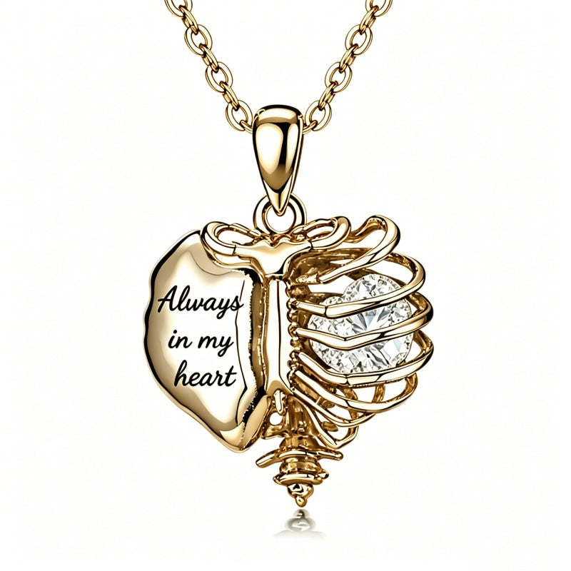 14K Gold Plated  Heart Birthstone Skeleton Necklace With Engraved