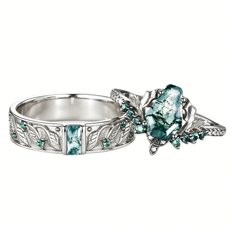 Sterling Silver 10K 14K 18K Gold Natural Leaf  Moss Agate Engagement Anniversary Couple Ring Sets