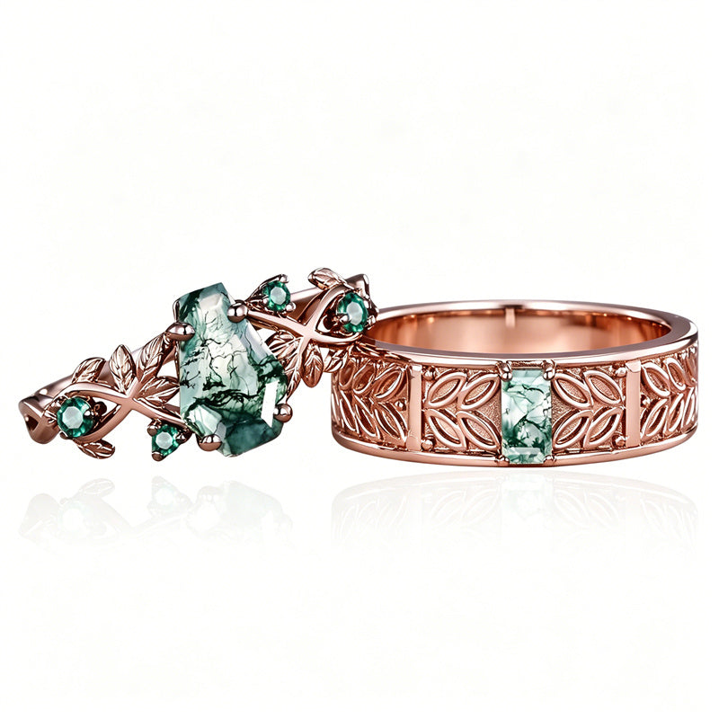 Sterling Silver 10K 14K 18K Gold Natural Leaf  Moss Agate Engagement Anniversary Couple Ring Sets