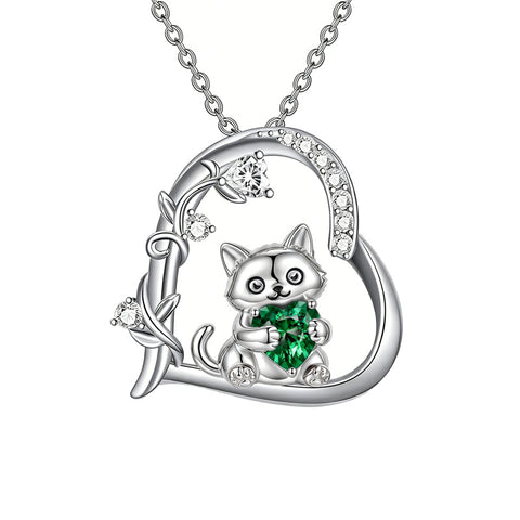 Sterling Silver Birthstone  Cat Pendant Necklace for Women