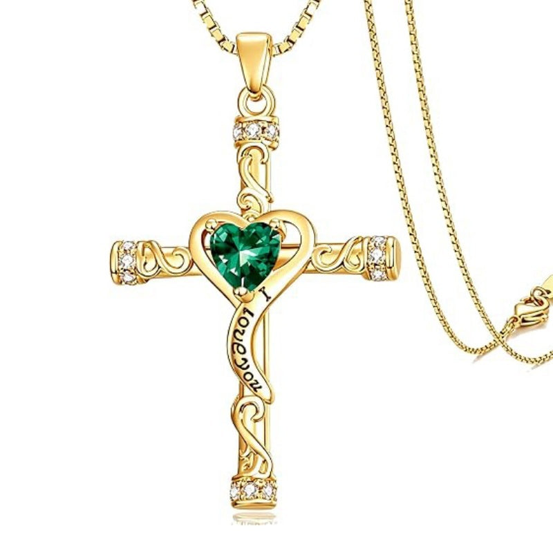 14K Gold Plated Heart Cut Cubic Zirconia Cross  Pendant Necklace For Women Religious Faith Jewelry