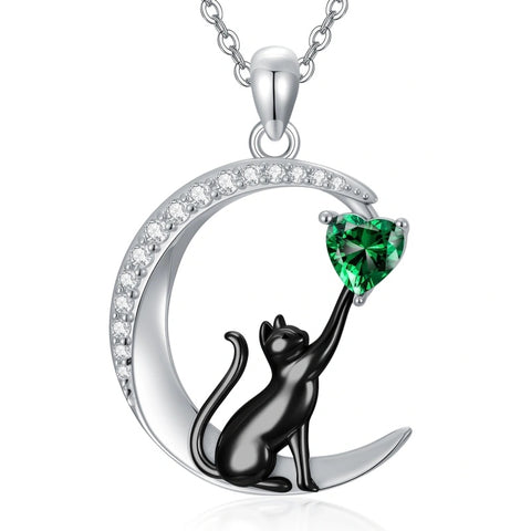 Sterling Silver Heart Birthstone Cat Pendant Necklace